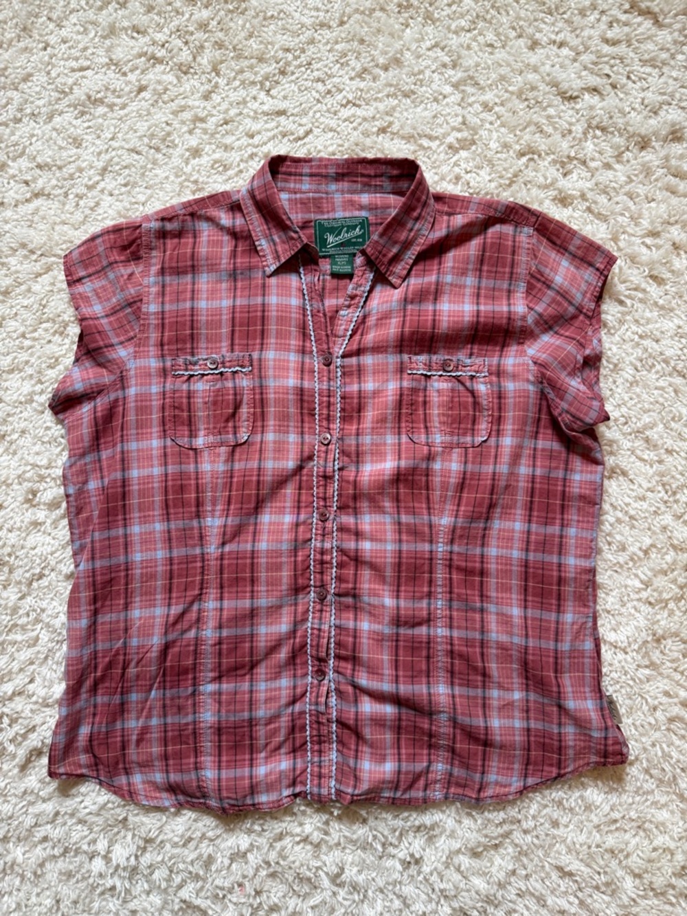 Woolrich Women’s Red Plaid Short-Sleeve Button-Down Shirt. Sz XLRG. Lightweight!